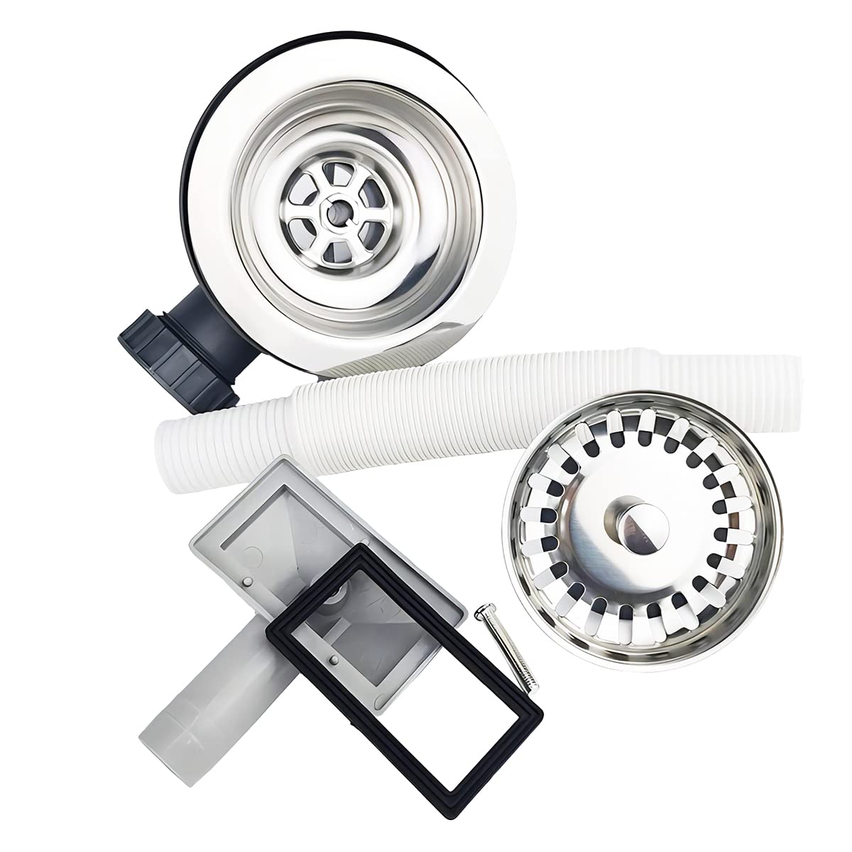 Qrity Lavello da Cucina 114 mm Filtro per Cestello 1½" Scarico e Rettangolo Troppopieno, Filtro per Cestello per Lavello Acciaio Inossidabile