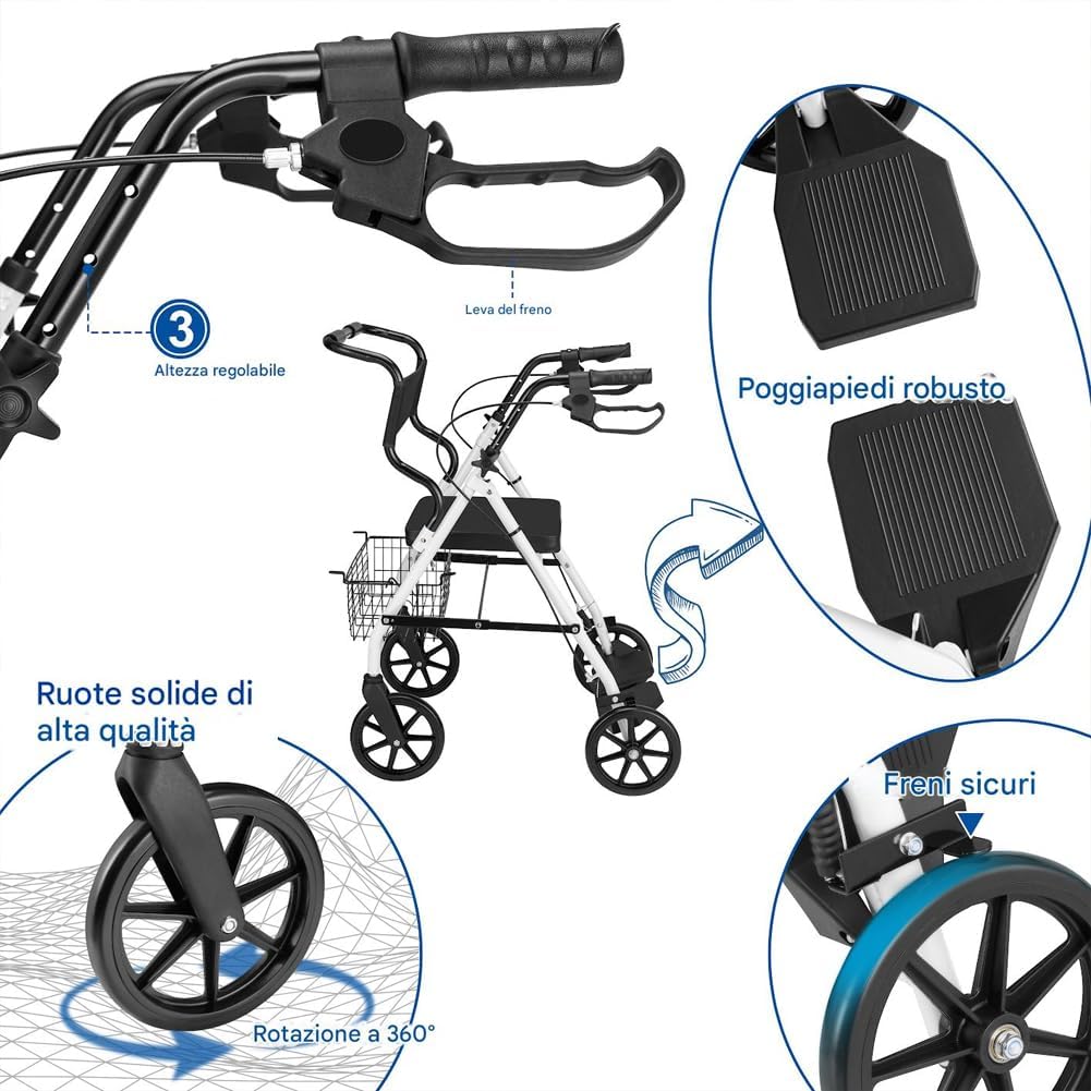 BAKAJI Deambulatore Rollator con Sedile, Ausilio Camminata per Anziani con Ruote e Freni, Disabili e Persone con Mobilità Ridotta, Struttura Ultraleggera e Pieghevole con Altezza Regolabile