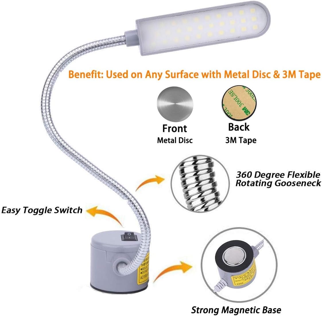 Sewing Machine Light LED Magnetic Work Light Lamp 30LED 6W Multifunctional Flexible Gooseneck Sewing Lamp with Magnetic Base for Workbench Lathe Drill Press Silver 3Pack image 2