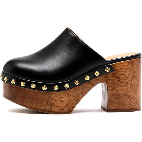 Women Closed Round Toe Studded Platform Mules Slip on Cork Chunky Block High Heel Sandals Comfy Insole Fashion Slides Size 4-16 US