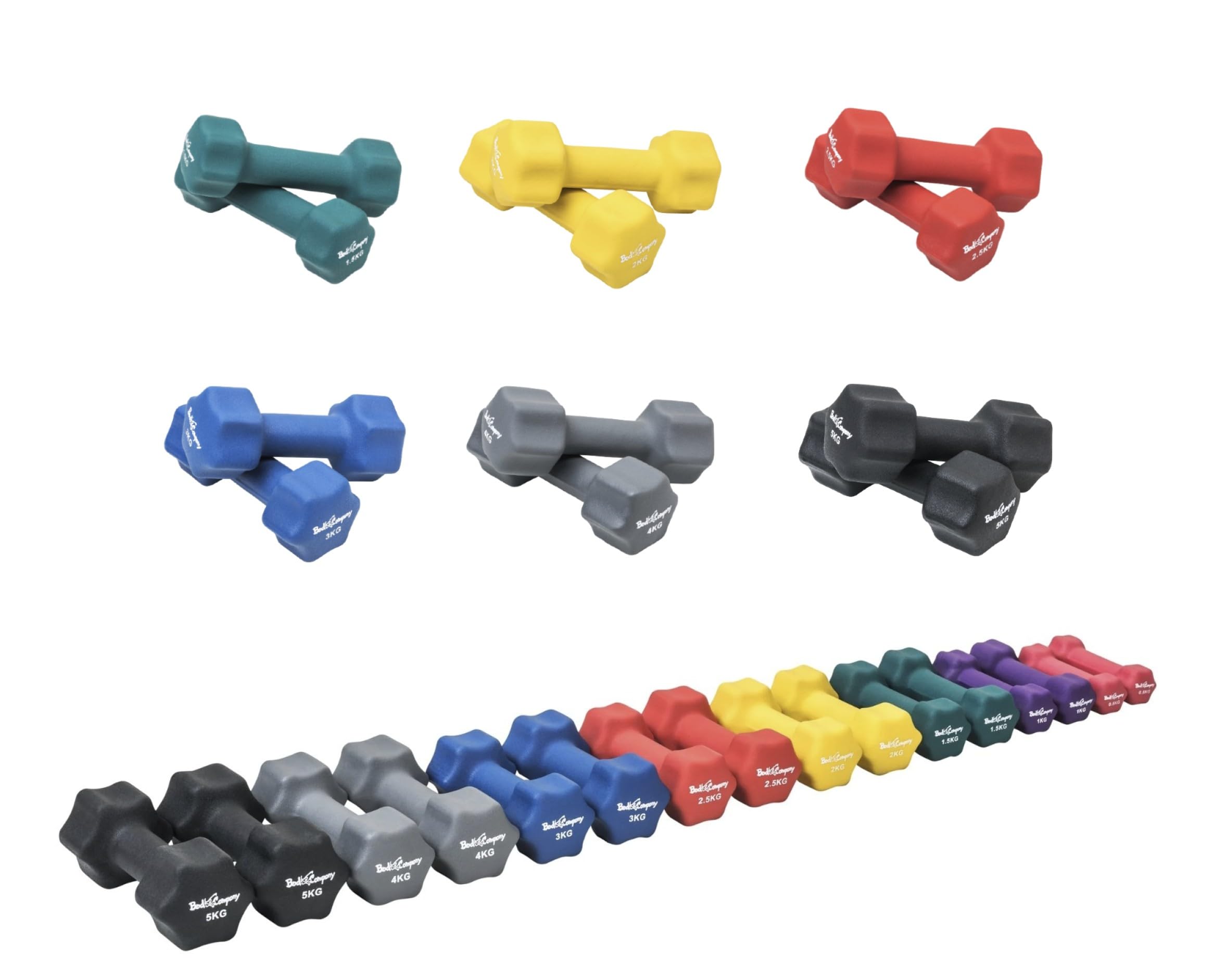 Bad Company Hantle neoprenowe do aerobiku, gimnastyki i fitnessu I 2 x 1,5 kg + 2 x 2 kg + 2 x 2,5 kg + 2 x 3 kg + 2 x 4 kg + 2 x 5 kg