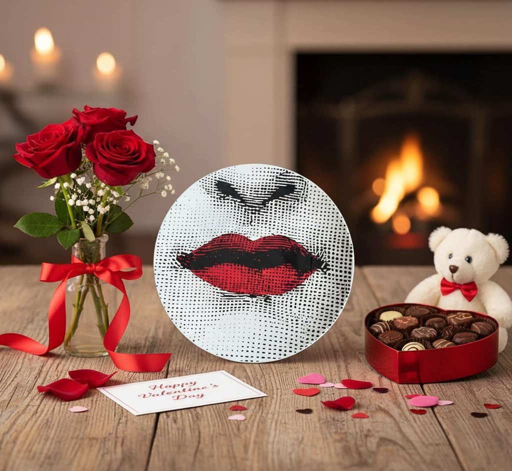 AlphaDesignLuxe 10" Italian-Style Decorative Plate – Modern Art Face Design, Handcrafted Ceramic Platter for Tabletop or Wall Display (Red Lips)