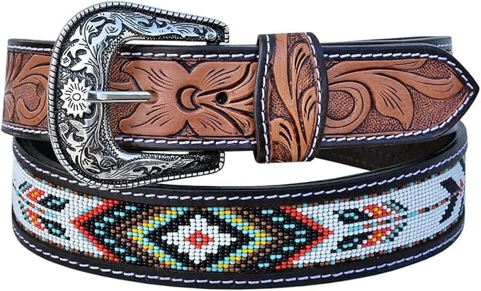 Thick Quality Handmade Beaded Men's Leather Belt Durable Wax Colorful Designs Cowboy Western Style Alloy Classic Fitted Casual Formal Wear in Pant Trouser Jeans Size: Waist 31-34in - Length 39in