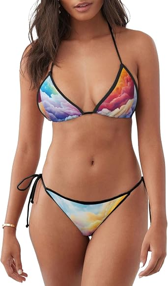Womens 2 Piece Bikini Swimsuit Colorful Clouds Path Printed Triangle Bathing Suits