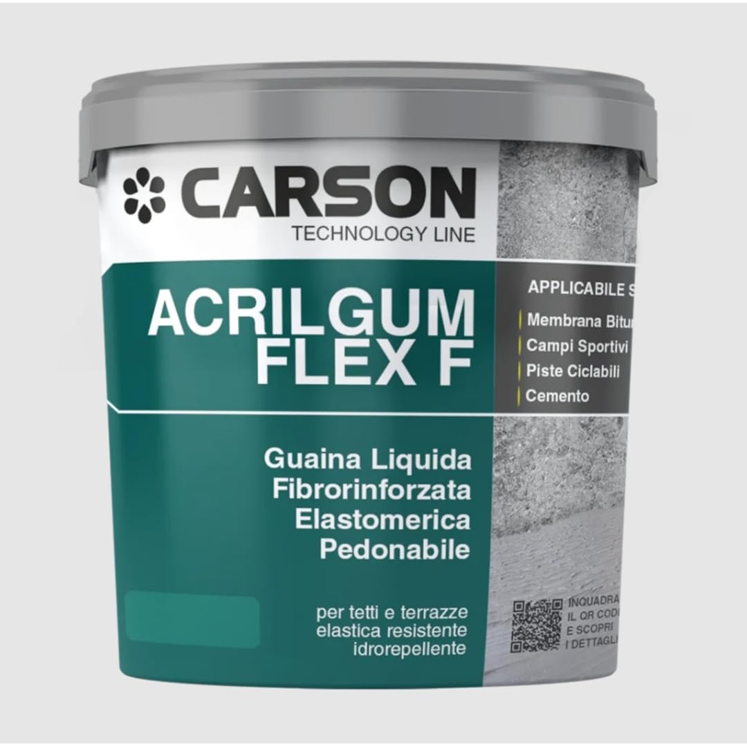 CARSON Acrilgum Flex F Guaina Liquida Impermeabilizzante Fibrata Pedonabile Elastomerica Idrorepellente Tetti Terrazze Campi Cemento Asfalto Alta qualità, Bianco, 20 Kg
