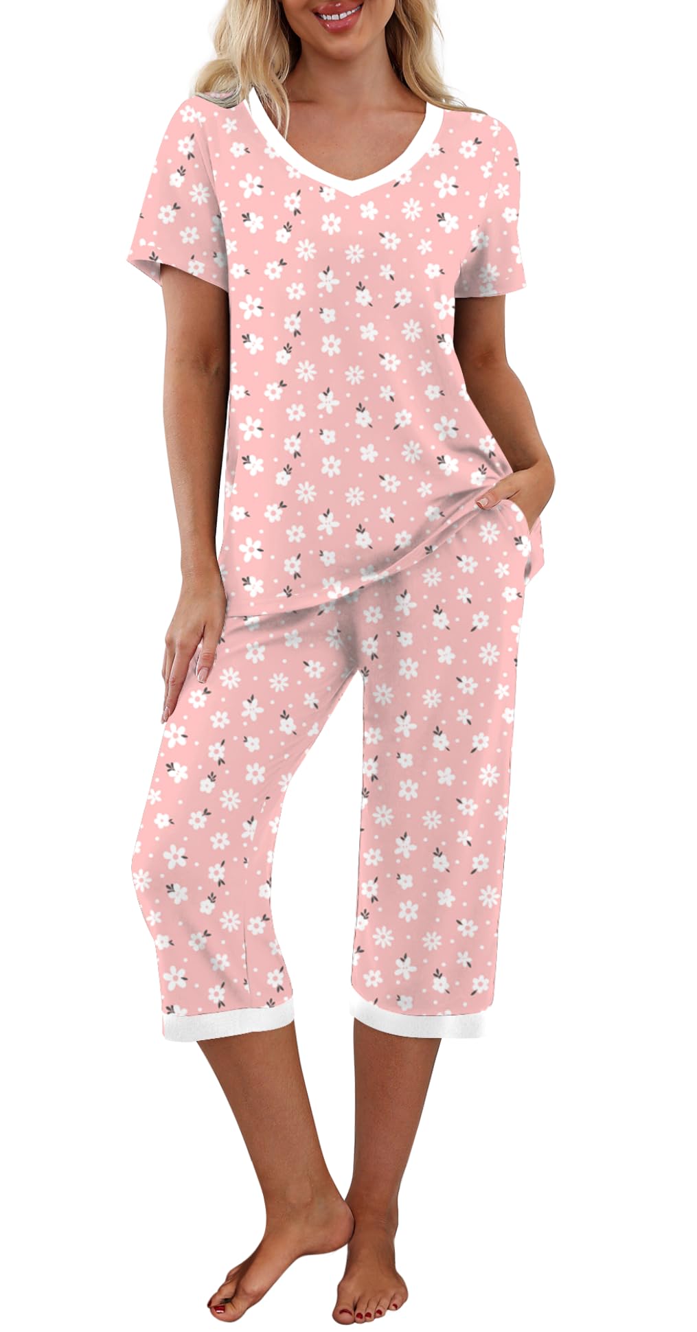 PrinStory Pigiama da donna con maglia a maniche corte e pantaloni lunghi
