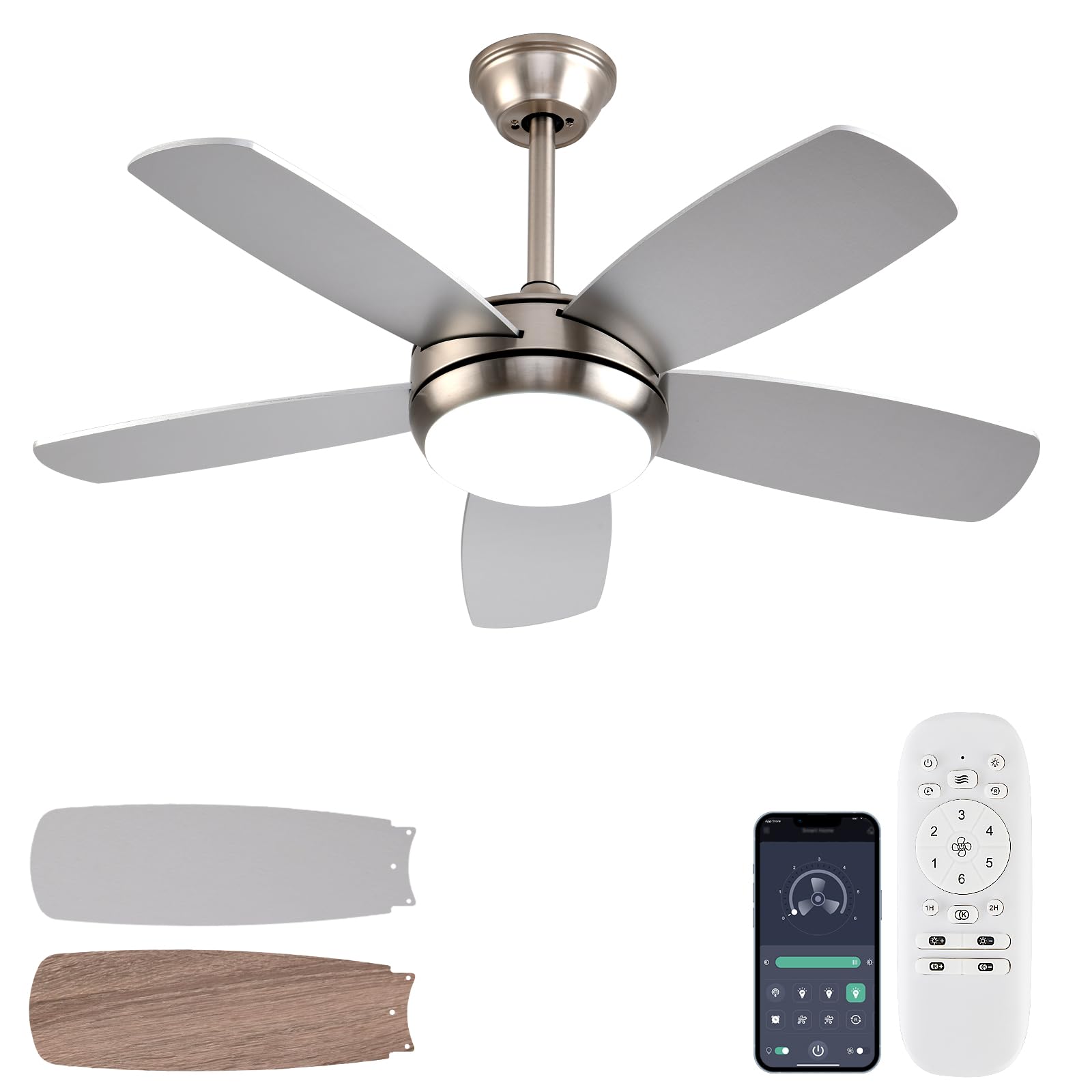42 inch Nickel Ceiling Fans with Lights and Remote Control,Dimmable 3-Color Temperatures LED Ceiling Fan, Reversible, Noiseless, Nickel Ceiling Fan for Bedroom, Indoor/Outdoor Use