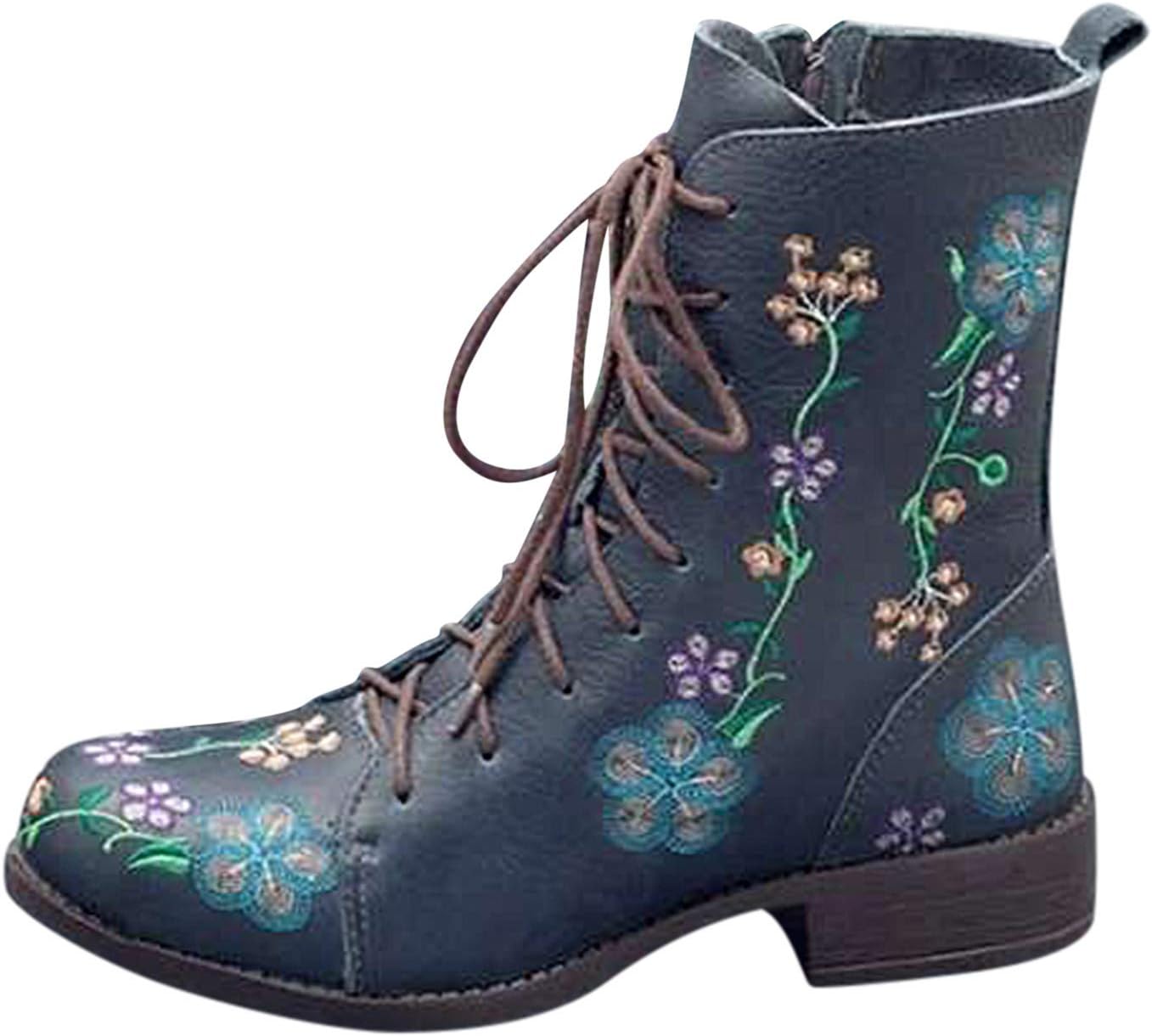 Simayixx Women's Western Cowgirl Cowboy Boot Retro Printed Round Toe Lace-Up Low Heel Ankle Bootie Mid-Calf Combat Boots