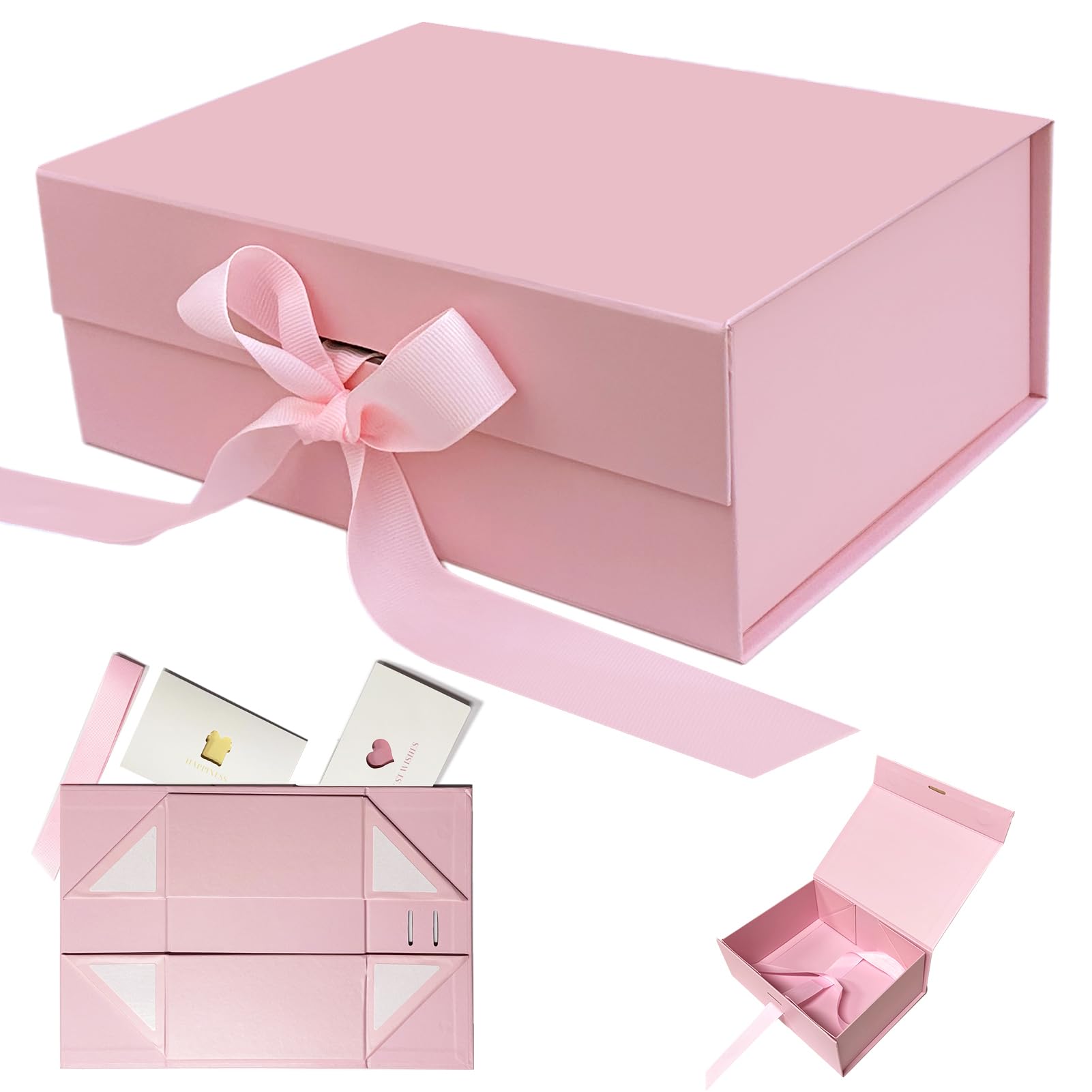 AlGuirnex Gift Box Foldable 29x22.5x11cm with Magnetic Lid, Premium Present Box with Ribbon & 2 Greeting Cards – Luxury Flat-Pack Packaging for Birthday, Wedding & Occasions (Pink-M)