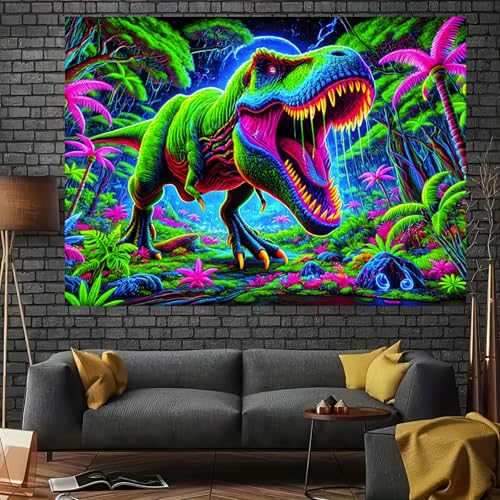 Image of BlissYard UV Reactive Dinosaur Blacklight Tapestry Neon T-Rex Dinosaur Wall Tapestry Jungle Forest Fantasy Landscape Wall Hanging for Men Boys Bedroom Home Decor Party Backdrop 59 X 78 inch