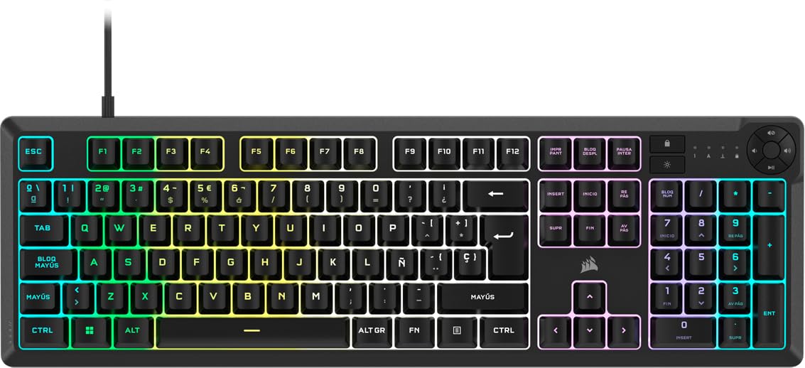 Corsair K55 Core RGB Teclado de Membrana con Cable para Juegos – QWERTY español – Interruptores Silenciosos y Sensibles – Resistente a Salpicaduras – RGB de Diez Zonas – PC, Mac –Negro