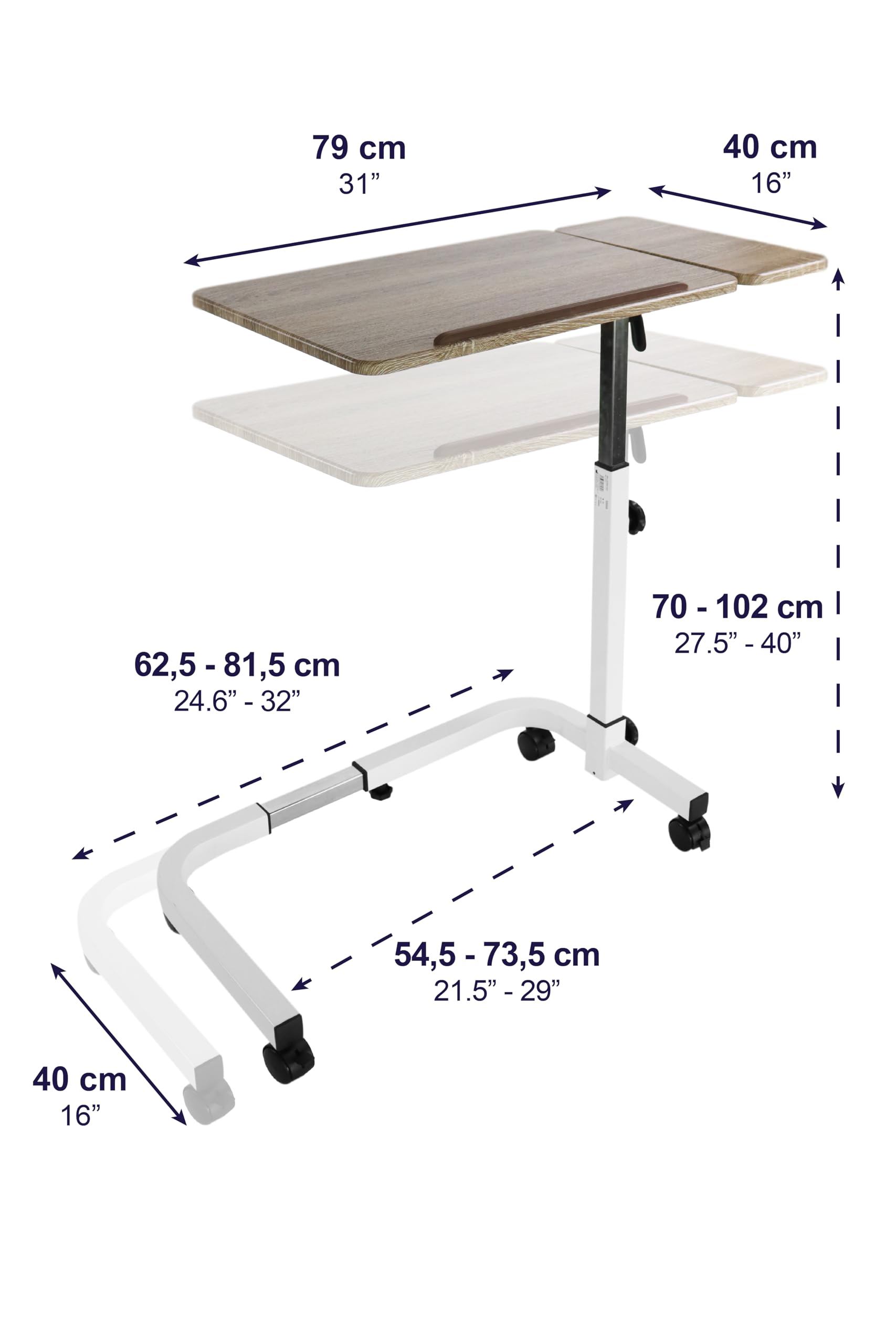 KMINA Table de Lit Médicale à Roulette Réglable en Hauteur et en Largeur, Blanc, Table Roulante pour Lit Médicalisé, Plateau Inclinable en Forme de C