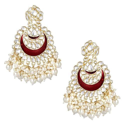 Aheli Maroon Pink Enamel Meenakari Traditional Dangle Earrings Glided With Kundans & Pearls Jewelry For Women Girls #TOP4