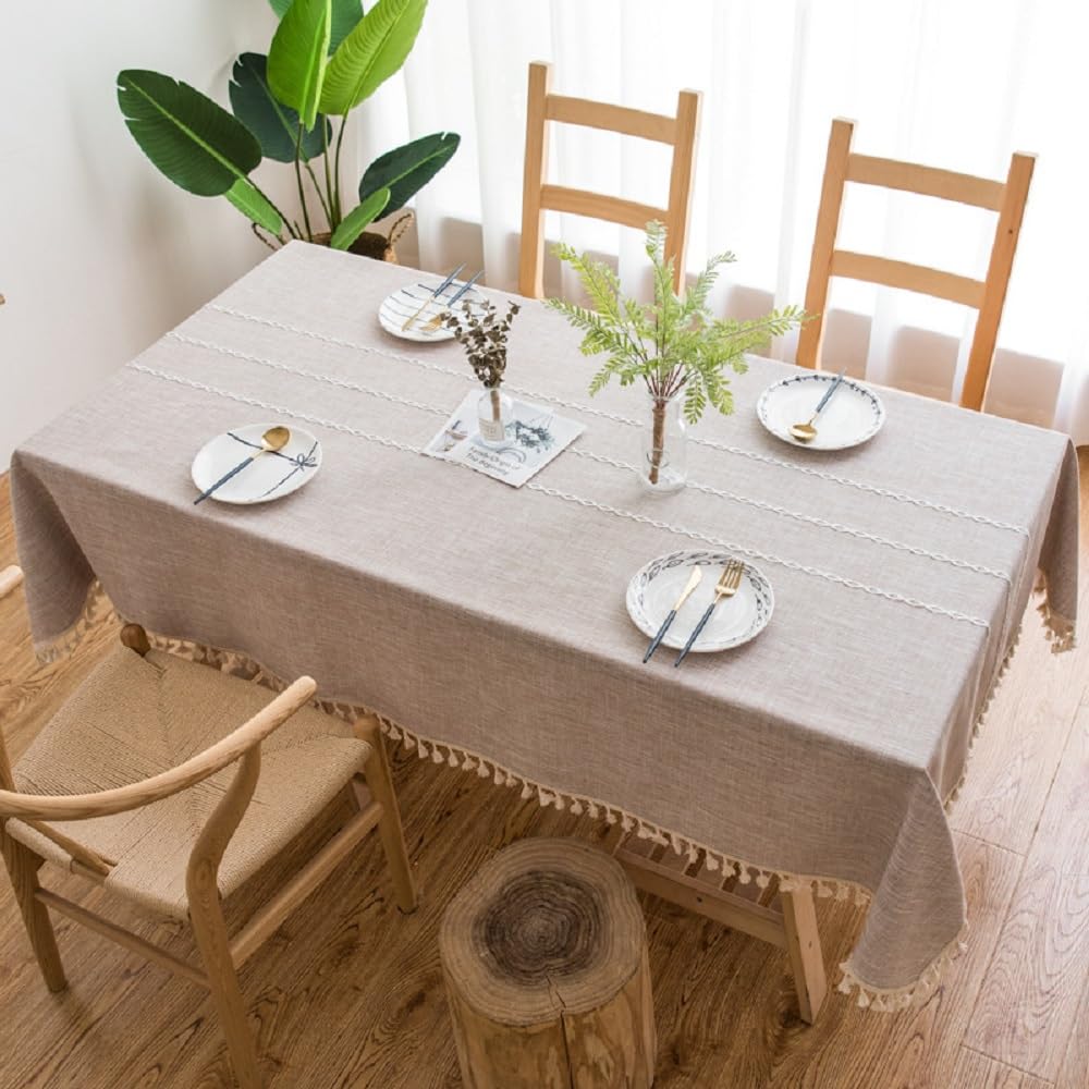 Pahajim Mantel Rectangular Impermeable Antimanchas de Algodón y Lino Manteles Lavable Raya Patrón Diseño de Borlas para Decoracion Mesa Comedor(Beige, 140 x 220 cm)