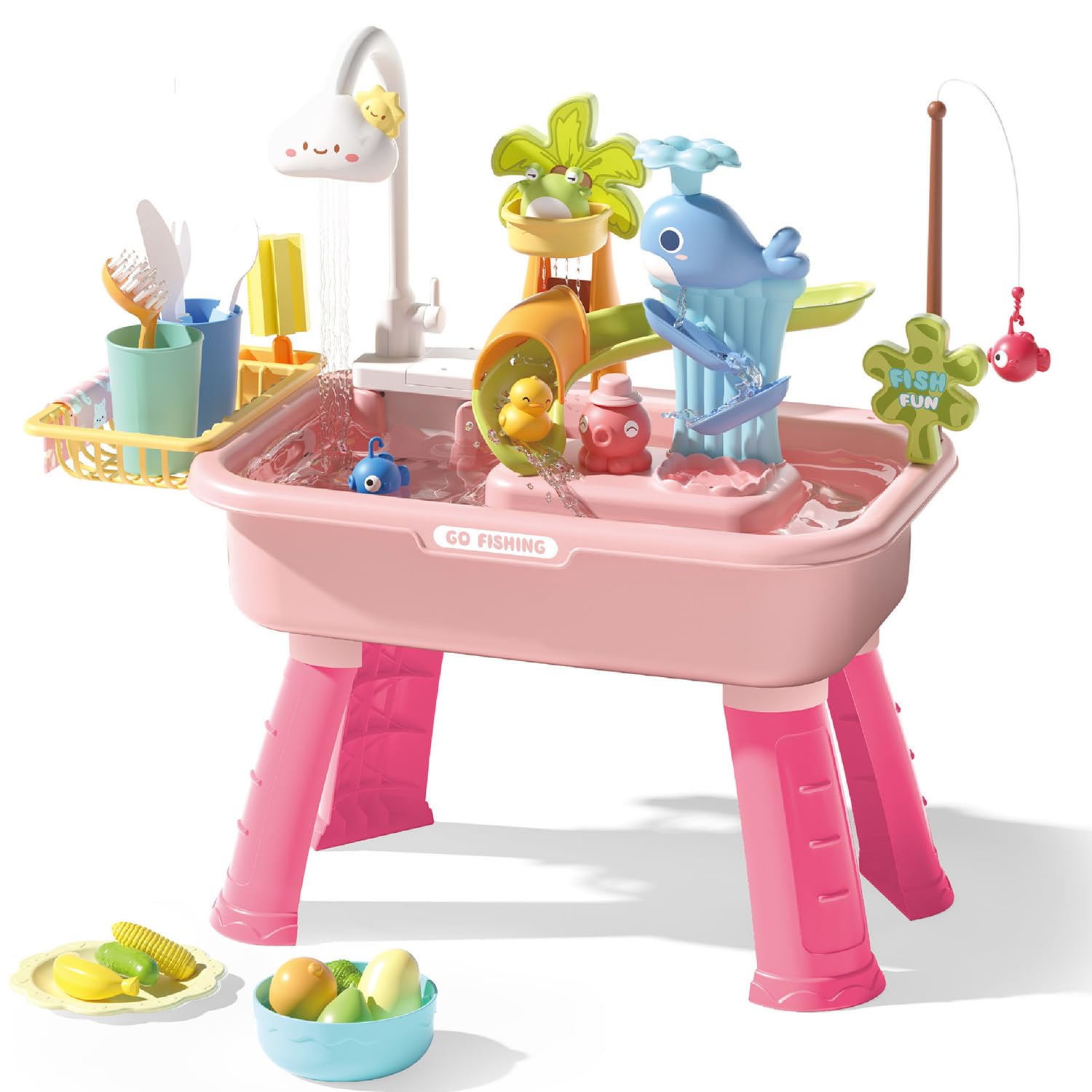 Water Table for Kids, 2026 Upgraded Water Table for Toddlers 3+ with Pump, Play Sink with Running Water, Kitchen Sink for Toddlers, Fishing Game and Summer Outside Sensory Activity Pool Toys (Pink)