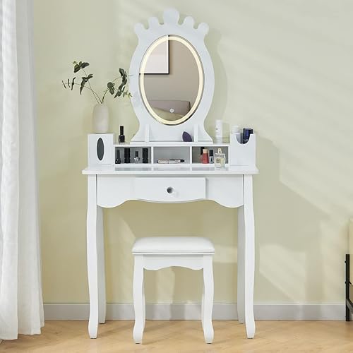 Homesailing Juego de mesa de tocador de maquillaje con taburete con cajones espejo iluminado regulable con luz de control de voz y táctil tocador de