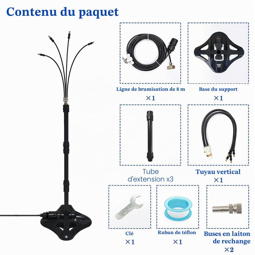 UR Forest Système de Refroidissement brumisateur sur Pied de 8 m + 4 Buses de brumisation en Laiton, 2 Options de Hauteur, Tuyau brumisateur pour terrasse extérieure, Refroidissement des Animaux