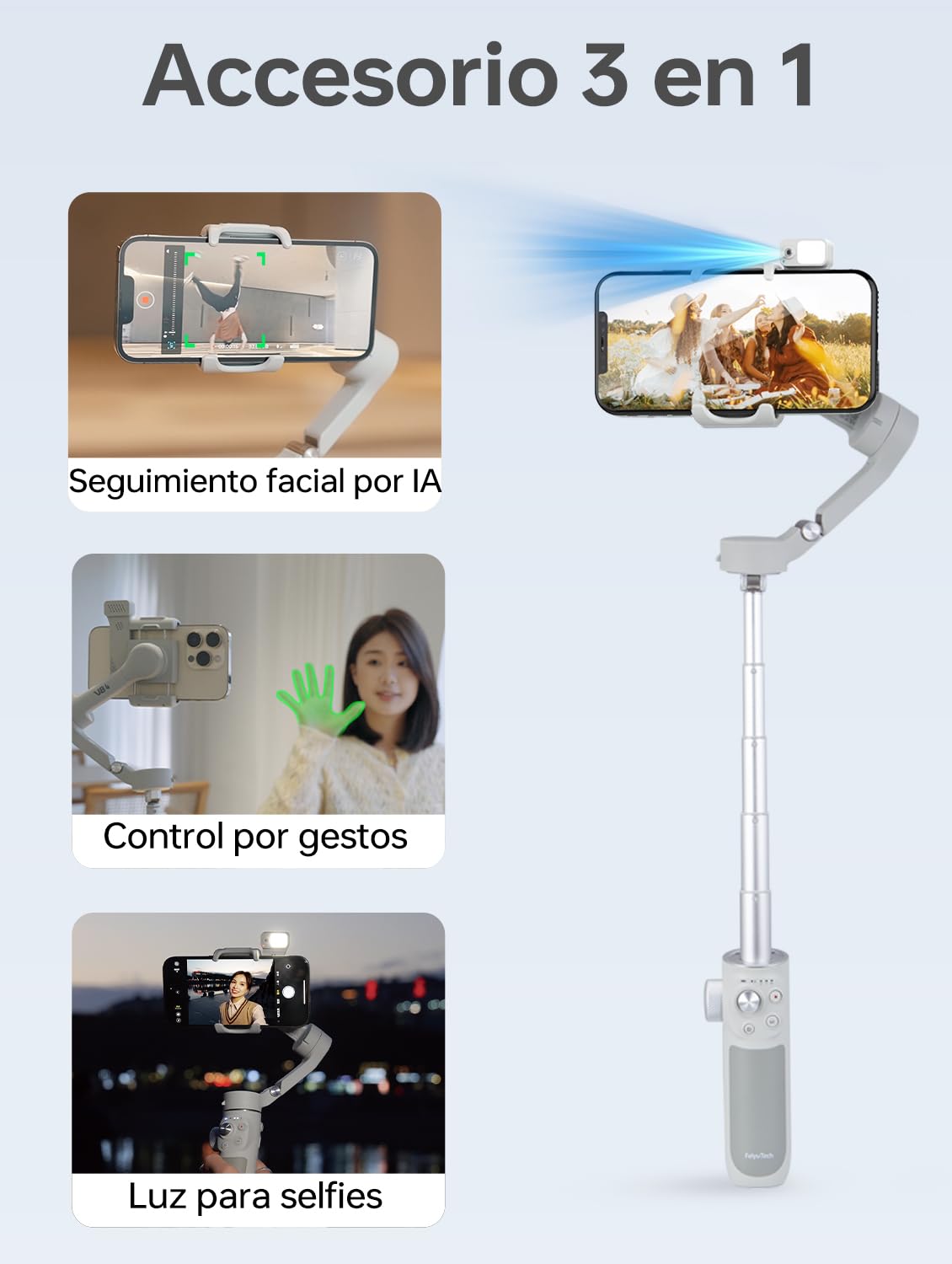 FeiyuTech VB4 Estabilizador de Móvil con Seguimiento IA, Barra Extensible de 216 mm y Luz Integrada, Gimbal 3 Ejes para Smartphone, Compatible con iPhone 17/16 y Samsung S25, Ideal para Vlog y Vídeo