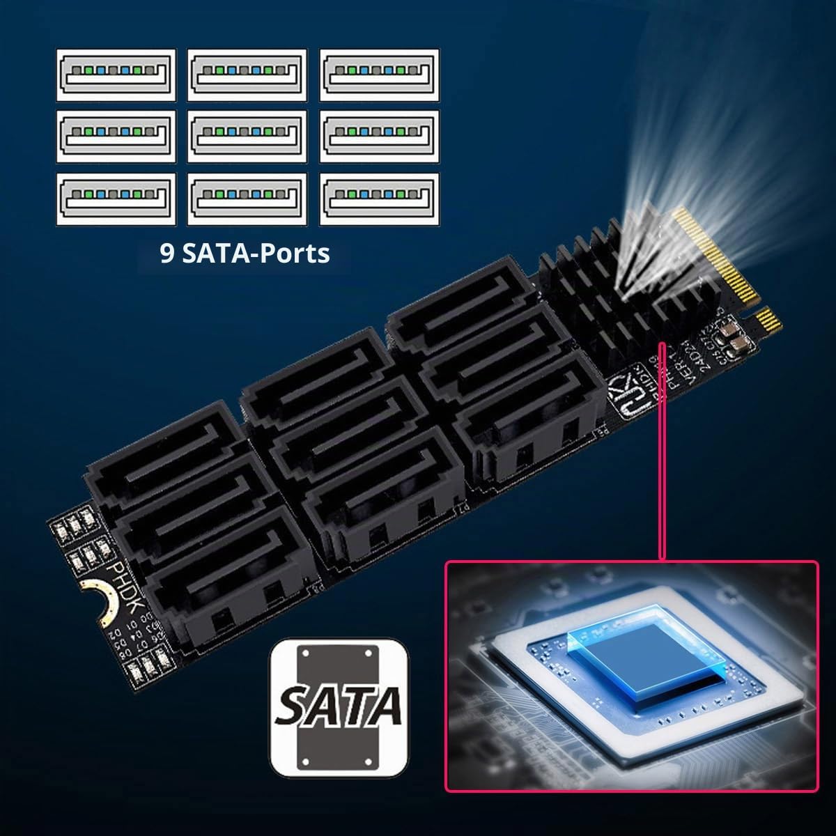 CY NGFF NVMe M-Key PCI Express M.2 auf 9 Ports SATA 3.0 6 Gbit/s Adapterkonverter Festplattenerweiterungskarte 2280 für NAS