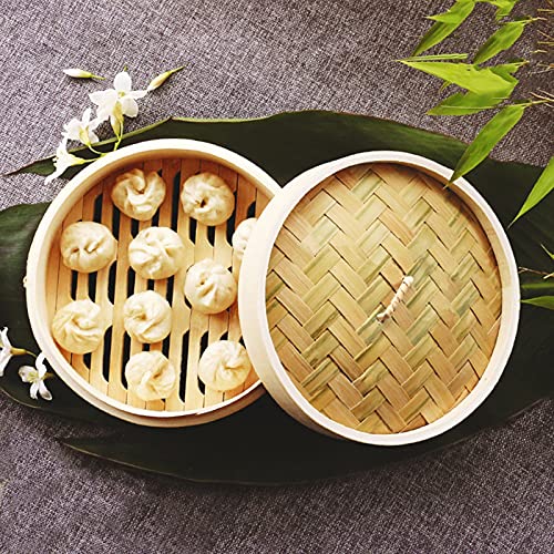 Bamboo Steamer, 2 Tiers Chinese Food Steamers, Traditional Design Healthy Cooking for Dumplings, Vegetables, Chicken, Fish - Handmade Steam Basket Included 2 Gauze Liners, 2-Tiers with Lid,20.3cm - Image 2