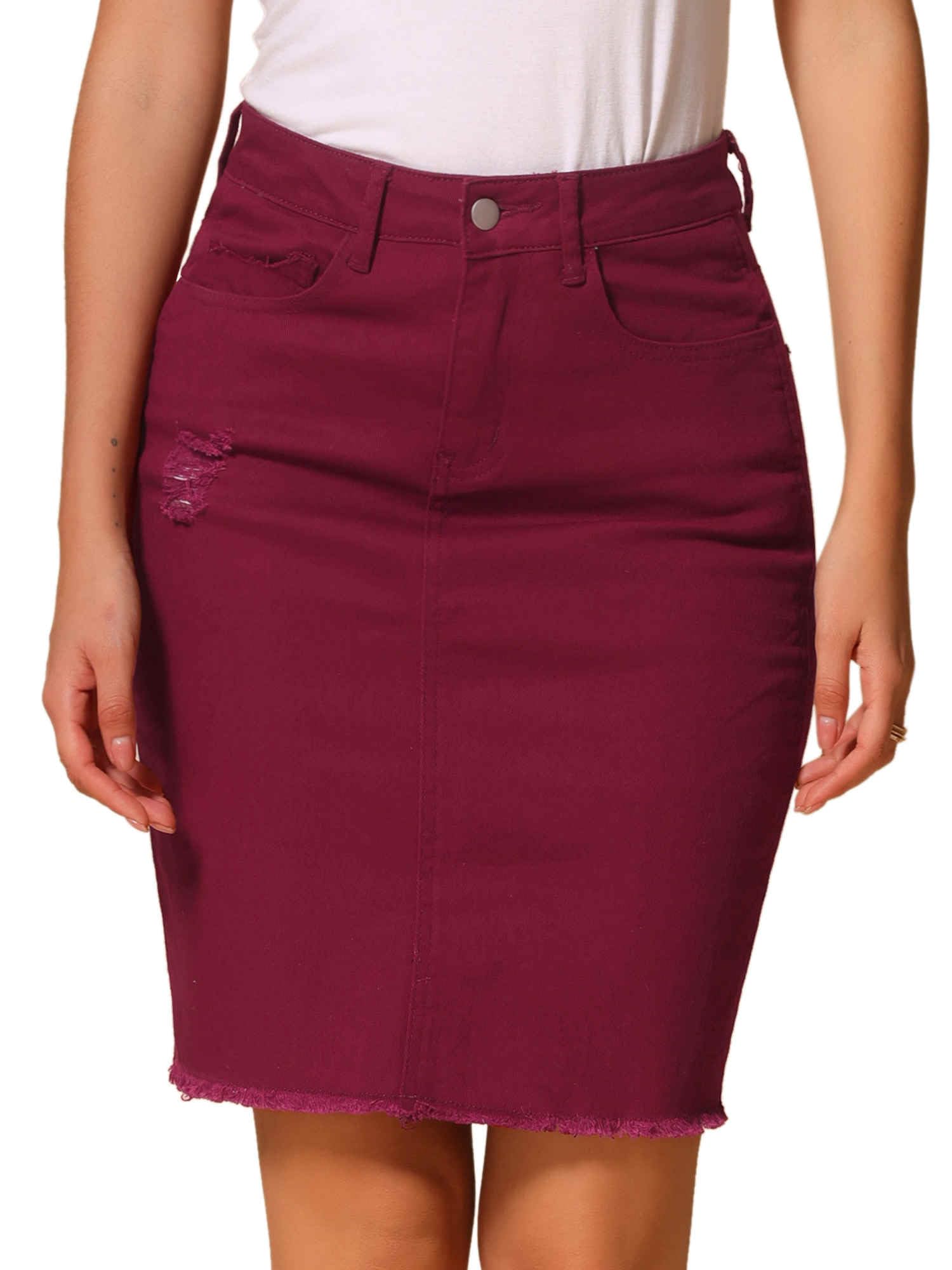 Allegra K Jupe en jean pour femme, style décontracté, longueur genou, longueur genou