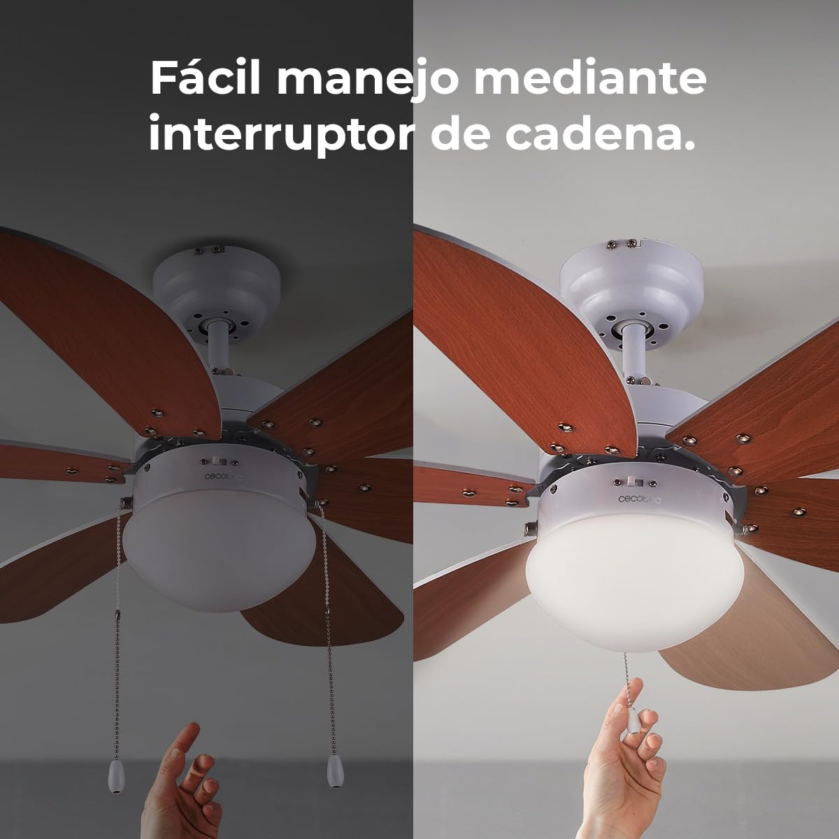Cecotec Ventilador de Techo con Luz EnergySilence Aero 360. 50 W, Bajo consumo, 91 cm de Diámetro, 6 Aspas Reversibles, 3 Velocidades, Función Invierno, Acabado en blanco/madera, Bombilla No Incluida