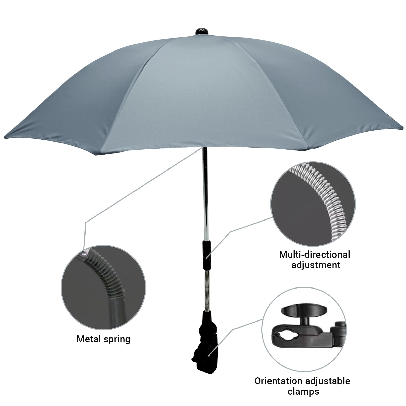Ombrelle Poussette Universelle, Ombrelle pour Poussette Anti UV 50+, Parasol Poussette Bébé Universelle Diamètre 73 cm, Parasol pour Poussette Universelle pour Poussette et Buggy - Gris