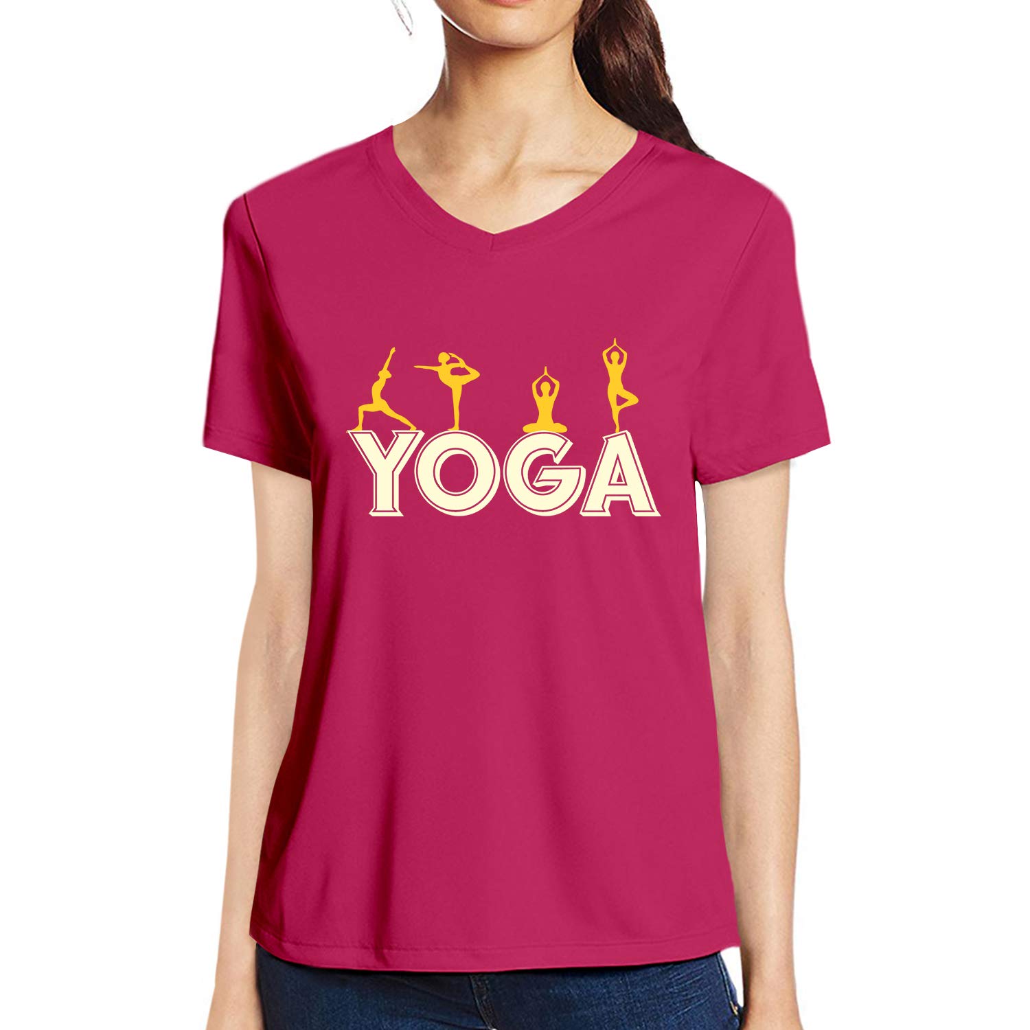 pooplu Women's Regular Fit Yoga Moves Cotton Graphic Printed V Neck Half Sleeves Pink Yoga Tshirt. Exercise & Gym Pootlu Tshirts-picture-22