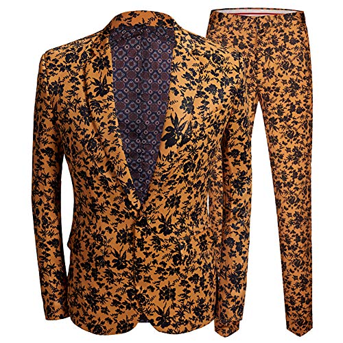 Mens Two Piece Suit Set Stylish Slim Fit Floral Print Dinner Jacket & Pants