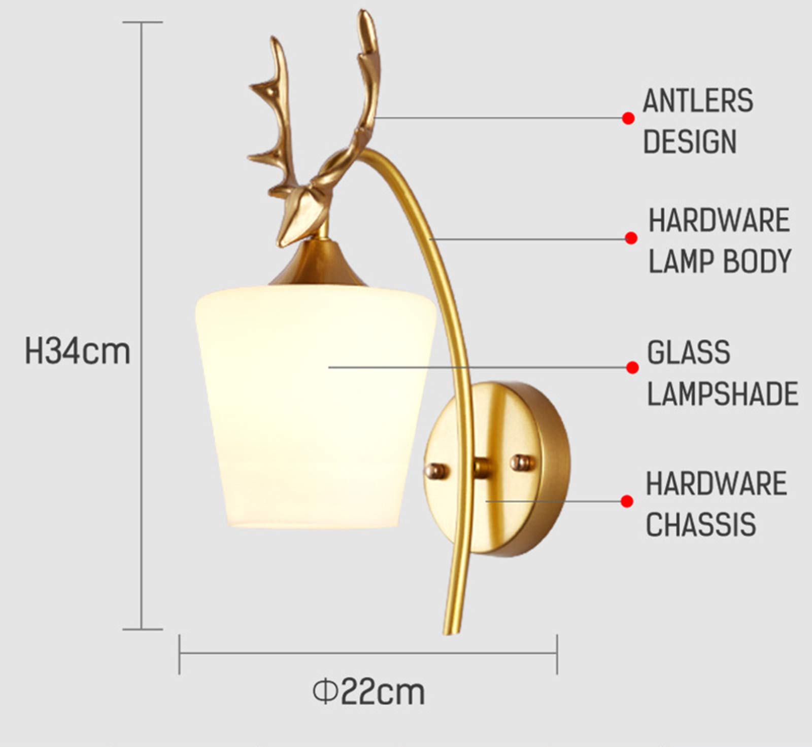 WXKAGF Kreatywność Antler Kryty kinkiet Mosiężny kinkiet Oprawa oświetleniowa ze szklanym abażurem, elegancka lampka nocna do sypialni Złota Retro Antyczna kinkiet Dekoracja do korytarza Schody Hotele