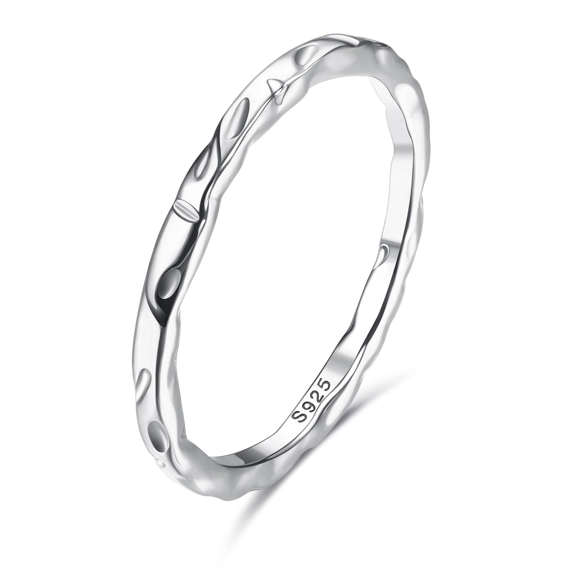 MILACOLATO S925 Sterling Silver Ring for Women Men 18K White Gold Plated Thin Plain Stackable Statement Thumb Rings High Polished Hammered Band Rings