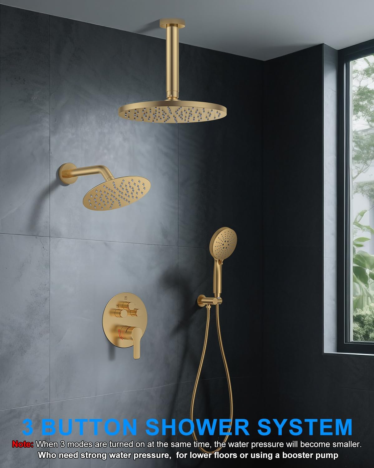 Shower System with Pressure Balance Valve, 10" Ceiling Mount Shower Faucet Set with 2 Rain Shower Head And Multi-function Handheld Head Push Button Diverter Pressure Balancing Valve Kit, Brushed Gold - Image 7