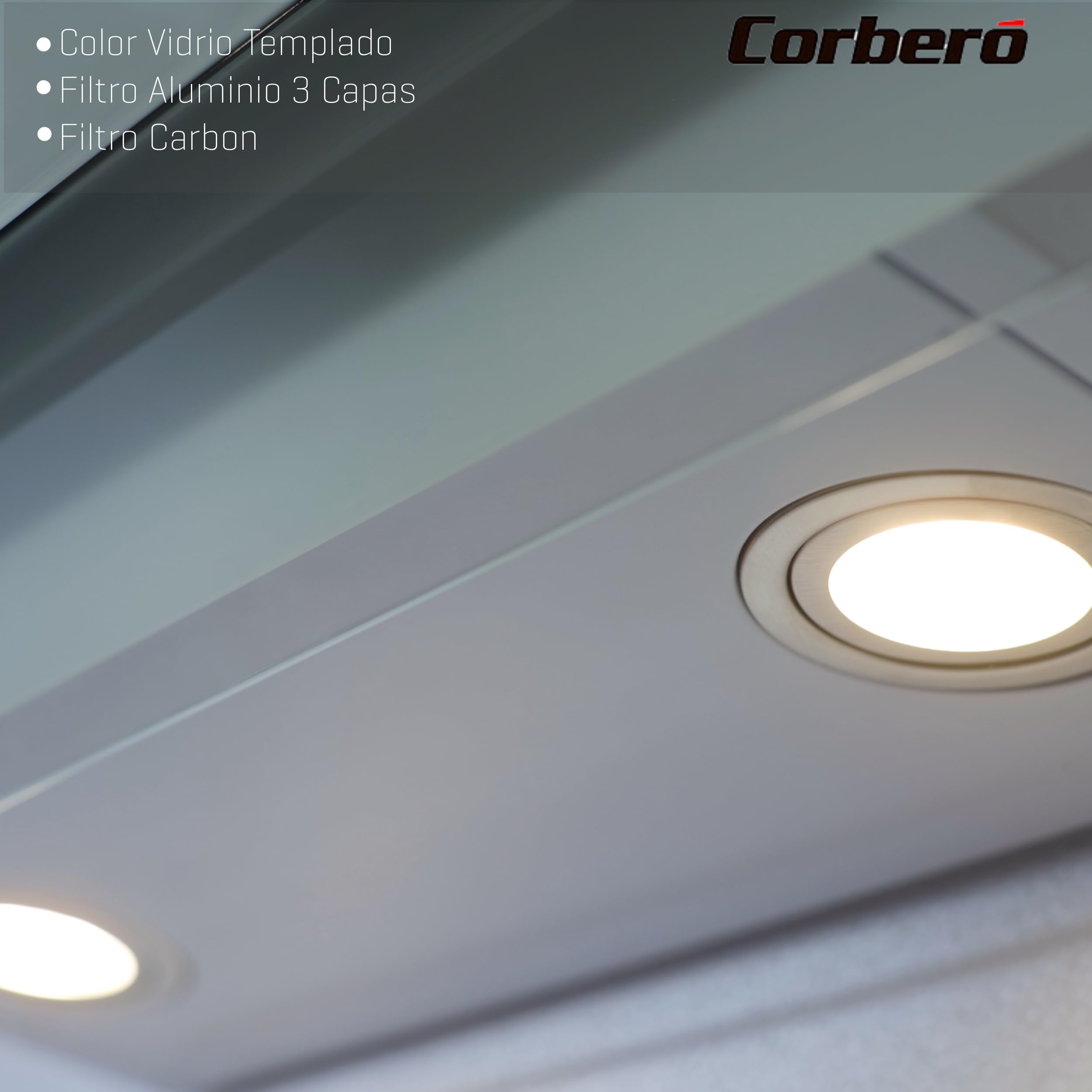 Corbero - Campana Extractora 60 cm | ONEGA675W | 705.2 m3/h | 66db| 230W | 4 Velocidades | Control Tactil| Vidrio Templado | 1 Filtro Aluminio + 1 Filtro Carbón | Blanco