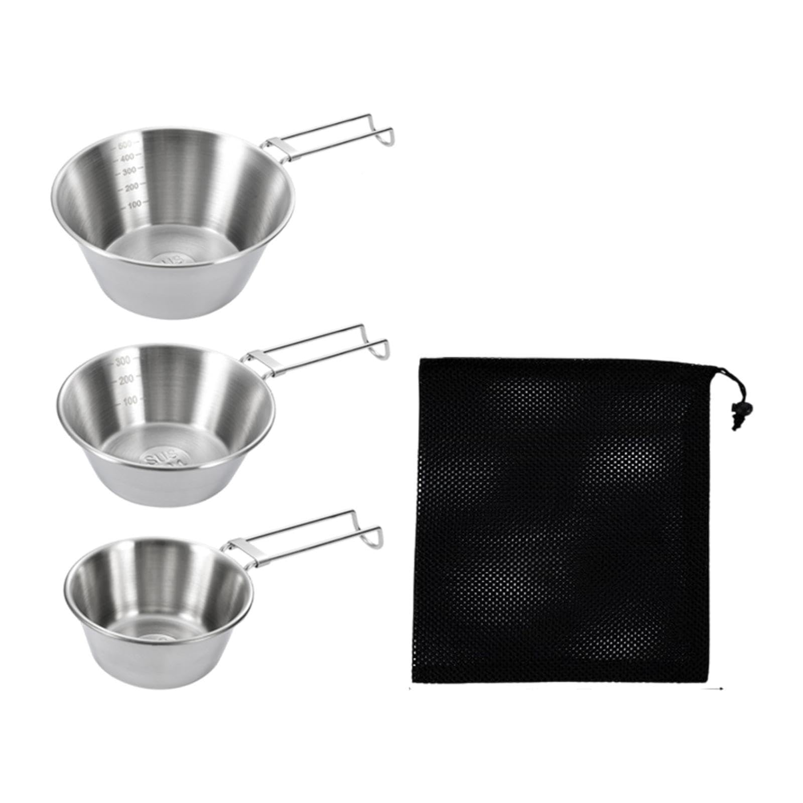 rockible 3X Camping Bowls Set Camping Tableware 304 Stainless Steel Utensils Camp Bowls Cups for Outdoor Cooking BBQ Equipment, Folding Handle