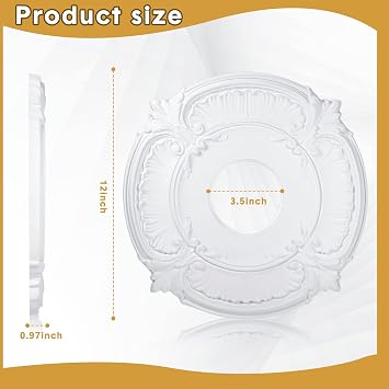 2 Pieces PU Ceiling Medallion Decorative Ceiling Fan Medallion Round Home Lighting for Light Fixtures Chandeliers, 12 od x 3.5 ID(White)
