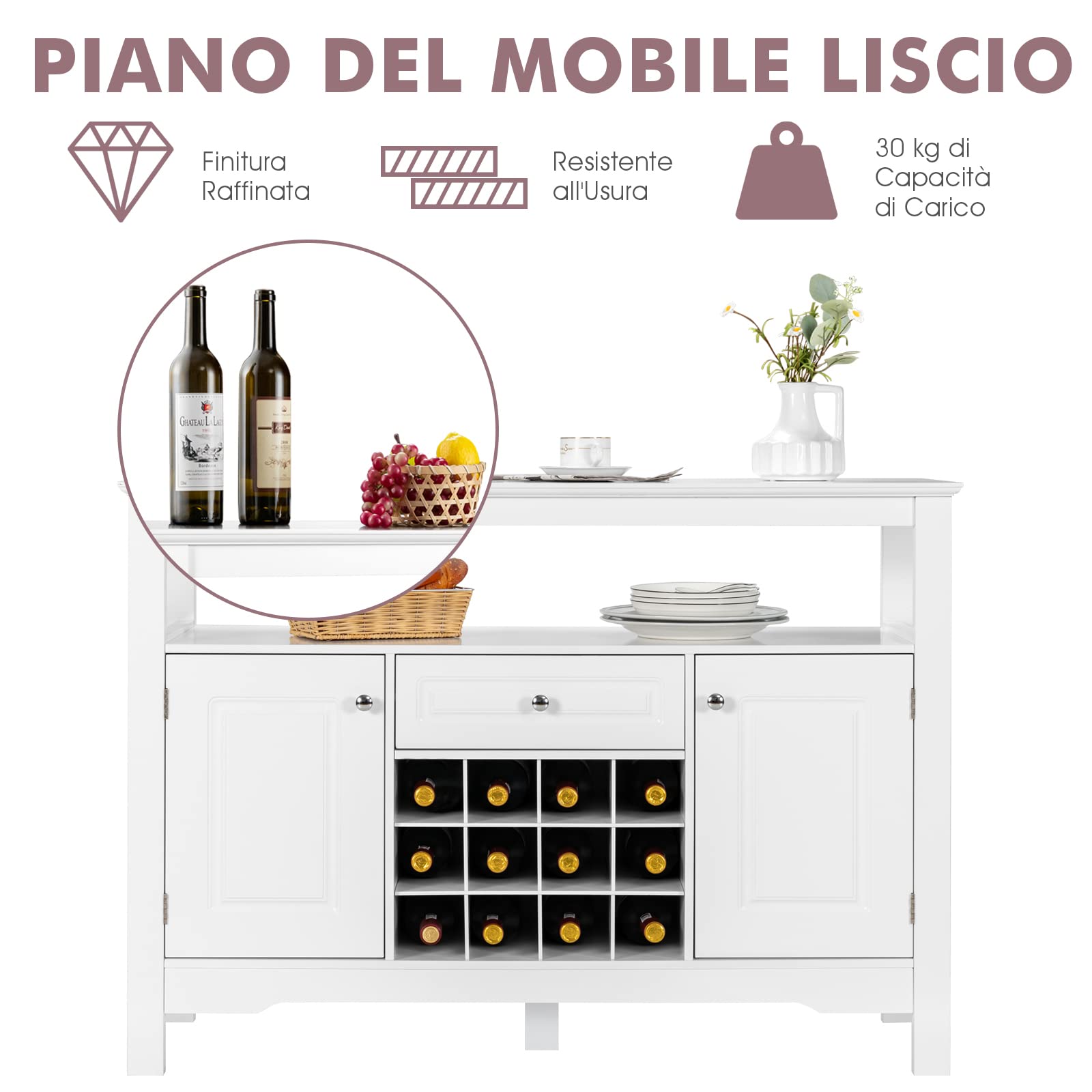 COSTWAY Credenza Moderna con Tanto Spazio, Credenza Cucina con Porta Bottiglie di Vino a Forma Incrociata, Mensola Aperta, 2 Armadietti e Cassetto, 117 x 40,5 x 82,5 cm (Bianco)