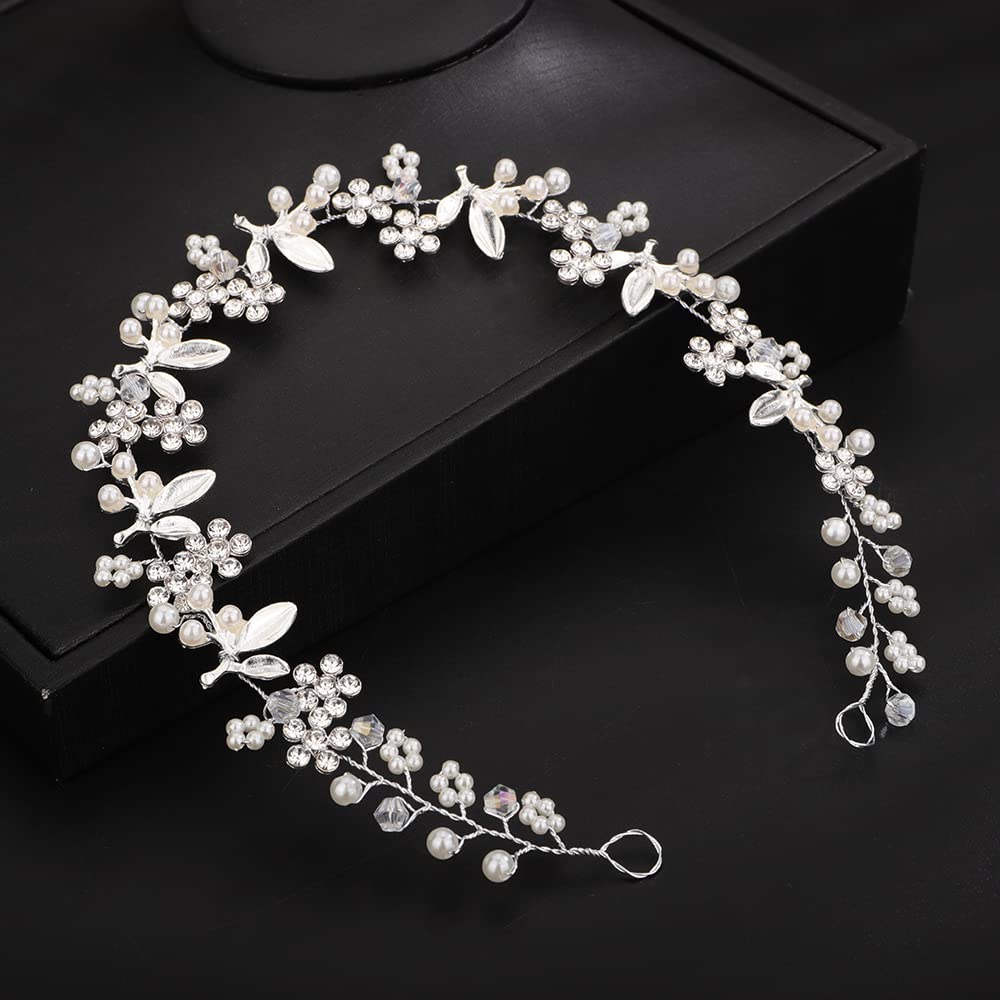 Teyglen Bridal Wedding Flower Leaf Headband Hair Vine Silver Crystal Pearl Headpieces Floral Hair Pieces Hair Accessories for Women Bride Flower Girl - Image 4