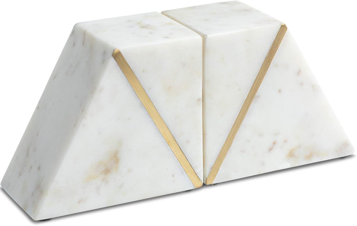Cork & Mill Marble Bookends - Set of 2 Heavy Decorative Book Stoppers with Non-Skid Bottom - Handcrafted Solid Marble Bookshelf Decor (White + Brass) : Home & Kitchen