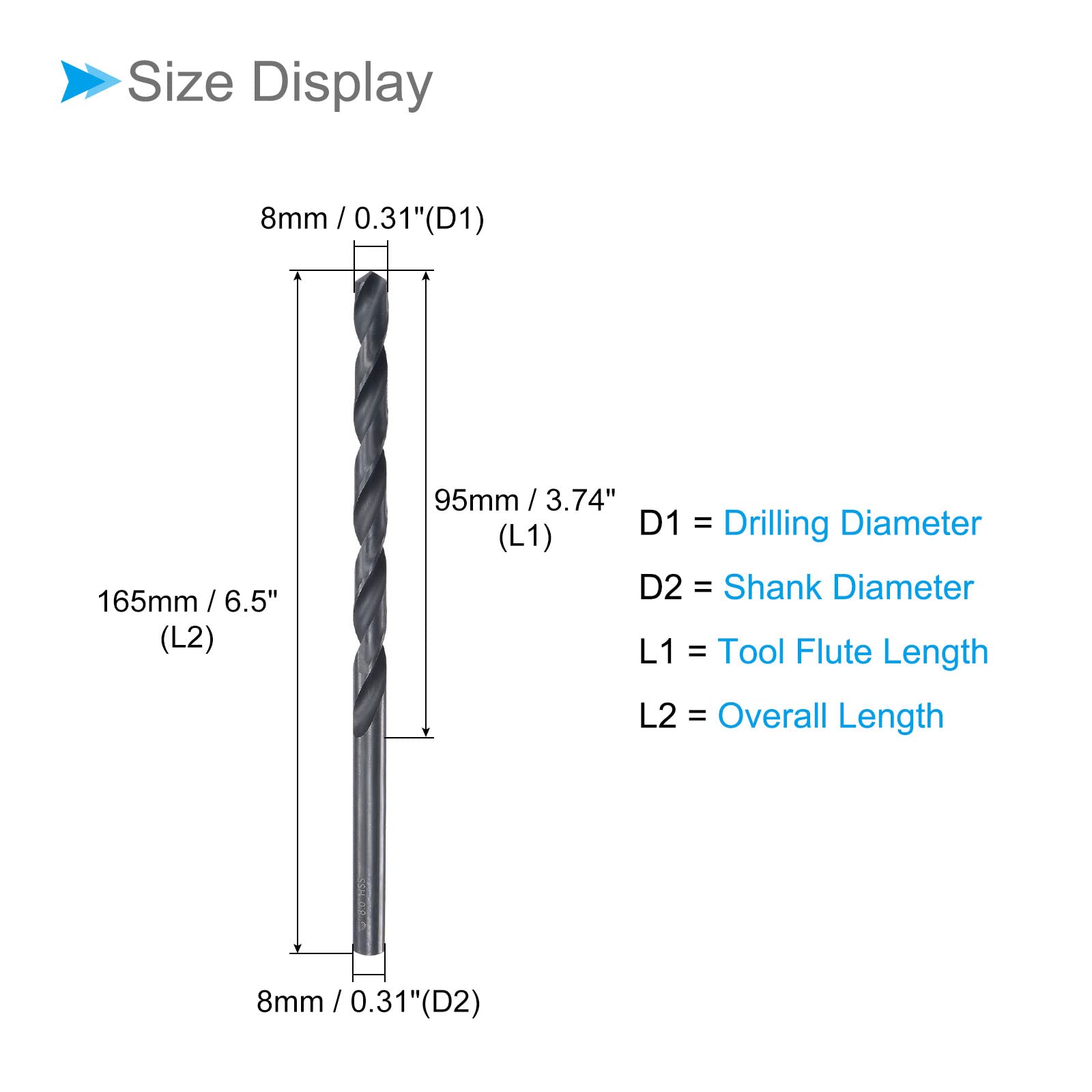 CoCud Twist Drill Bits, 8mm Drilling Diameter, Black Oxide High Speed Steel Extra Long Straight Shank - Image 2