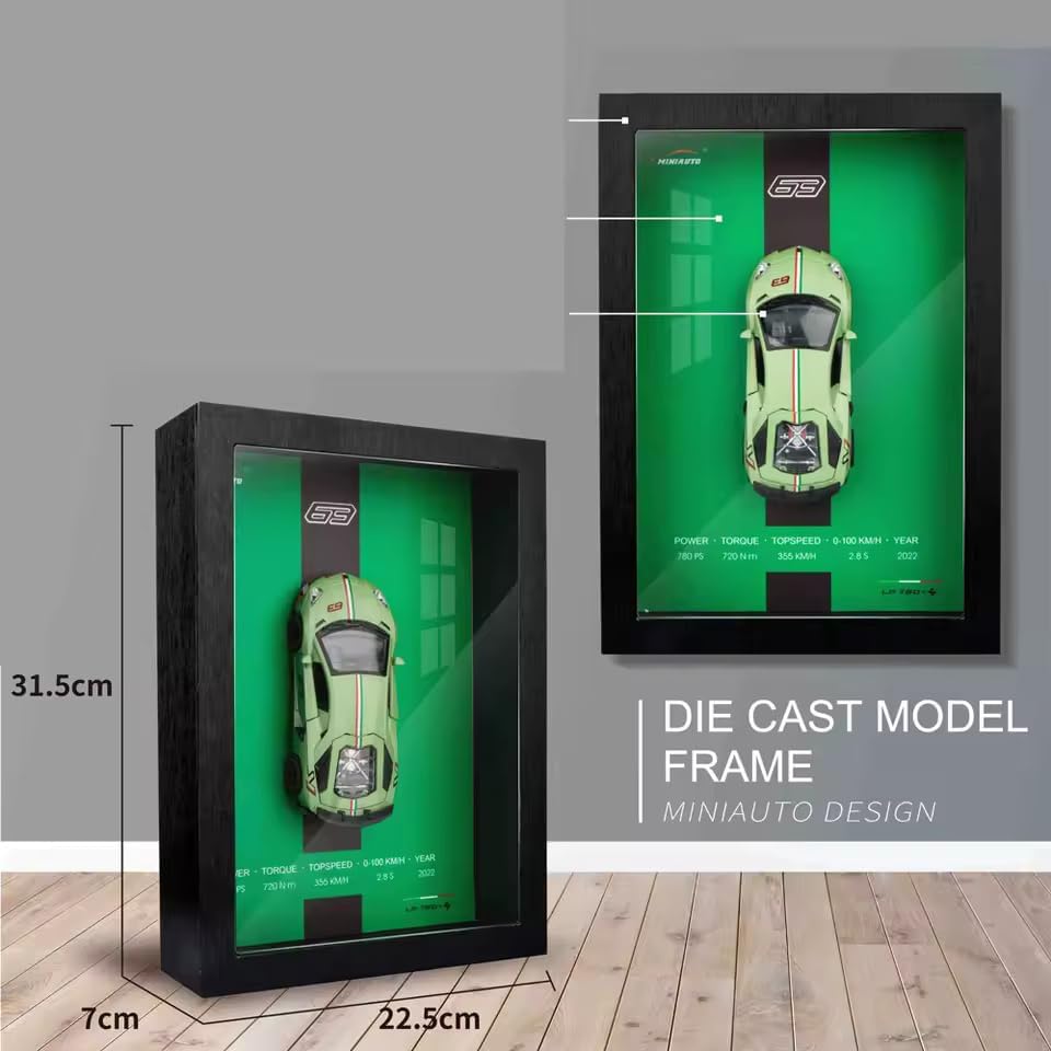 Image of Worshiper 3D Car Frame Wall Art Wooden Hanging Painting Frame with Removable Die-Cast Cars, Lights & Sounds Pull-Back Action & Opening Doors Collectible Display for Car Decoration (1:32 Lamborghini LP-780-4)