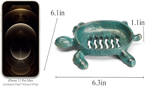 Miniatura 2 de BRASSTAR Jabonera de tortuga de hierro fundido, jabonera drenable verde para cocina, ducha, baño, decoración antigua de granja TQGJPT154