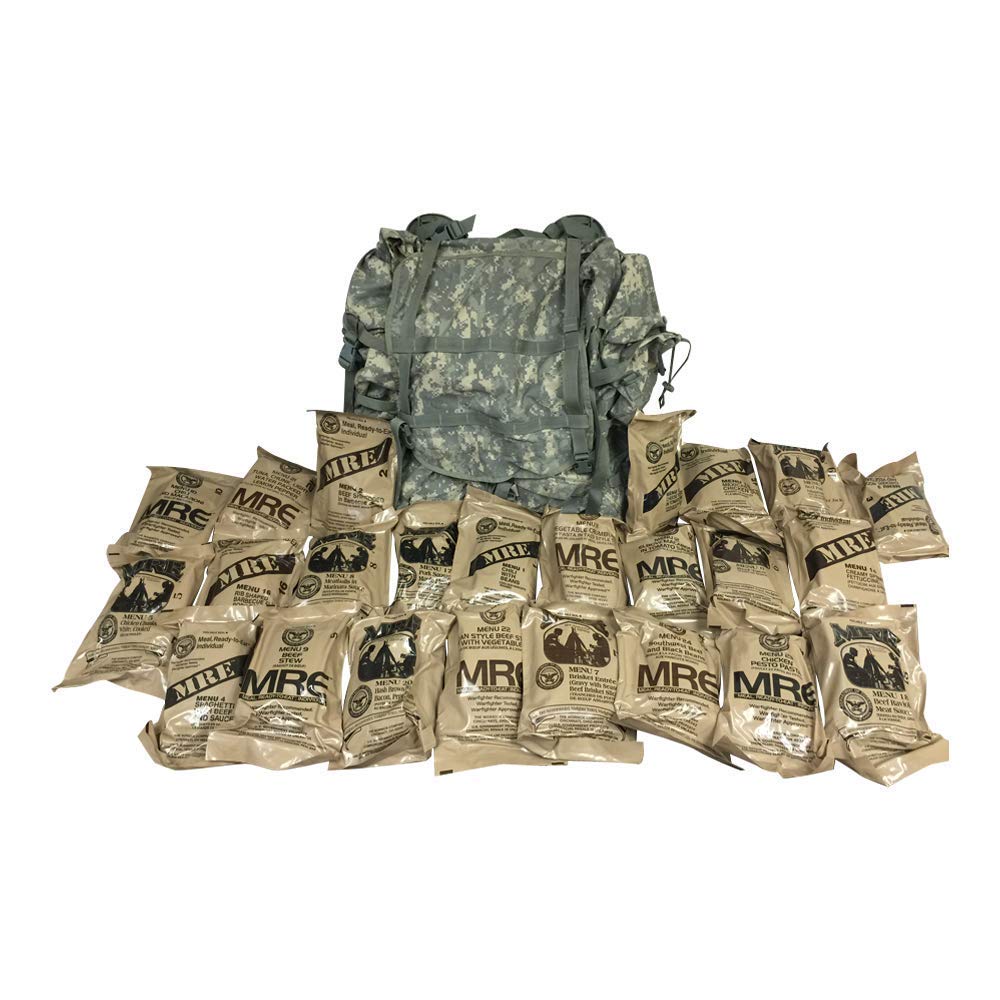 Ozark Outdoorz, LLC Genuine Previously Issued Military Ruck Sack - Military MRE Go Bag - 2021 Inspection Date - 24 Military MREs (2 Cases) with US Flag Patch (MOLLE ACU Ruck)