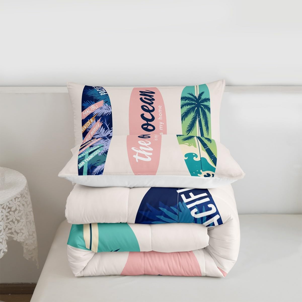 Homewish Surfboard Bedding Set Twin Size Summer Sea Surfing Theme Comforter Set 2pcs for Kids Boys Girls Ocean Theme Duvet Insert Luxury Microfiber Down Comforter