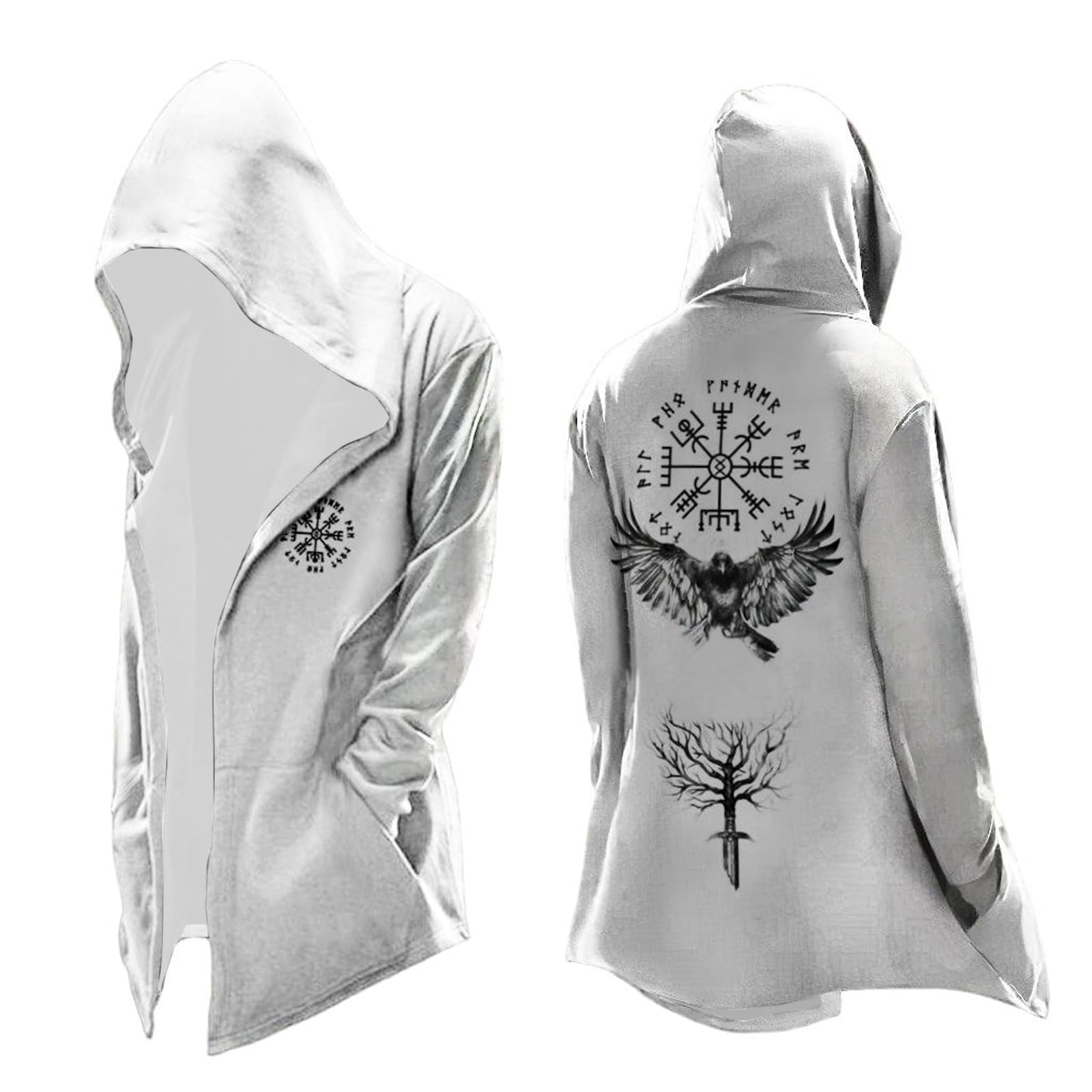 Men's Halloween Hoodie Medieval Norse Mythology Hooded Cardigan Motorcycle Jacket Long Sleeve Casual Loose Fit Streetwear Coat for Daily Wear Spring Autumn Winter (A17-White, L)