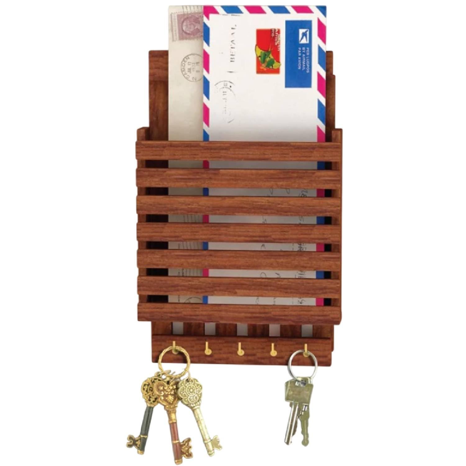 Sheesham Wooden Wall Hanging Letter Rack with Key Holder - Handcrafted Home Decor for Living Room, Stylish Organization |Gifting for Birthday/ Christmas/ New Year/ Thanksgiving Letter Rack (Pack of 1)