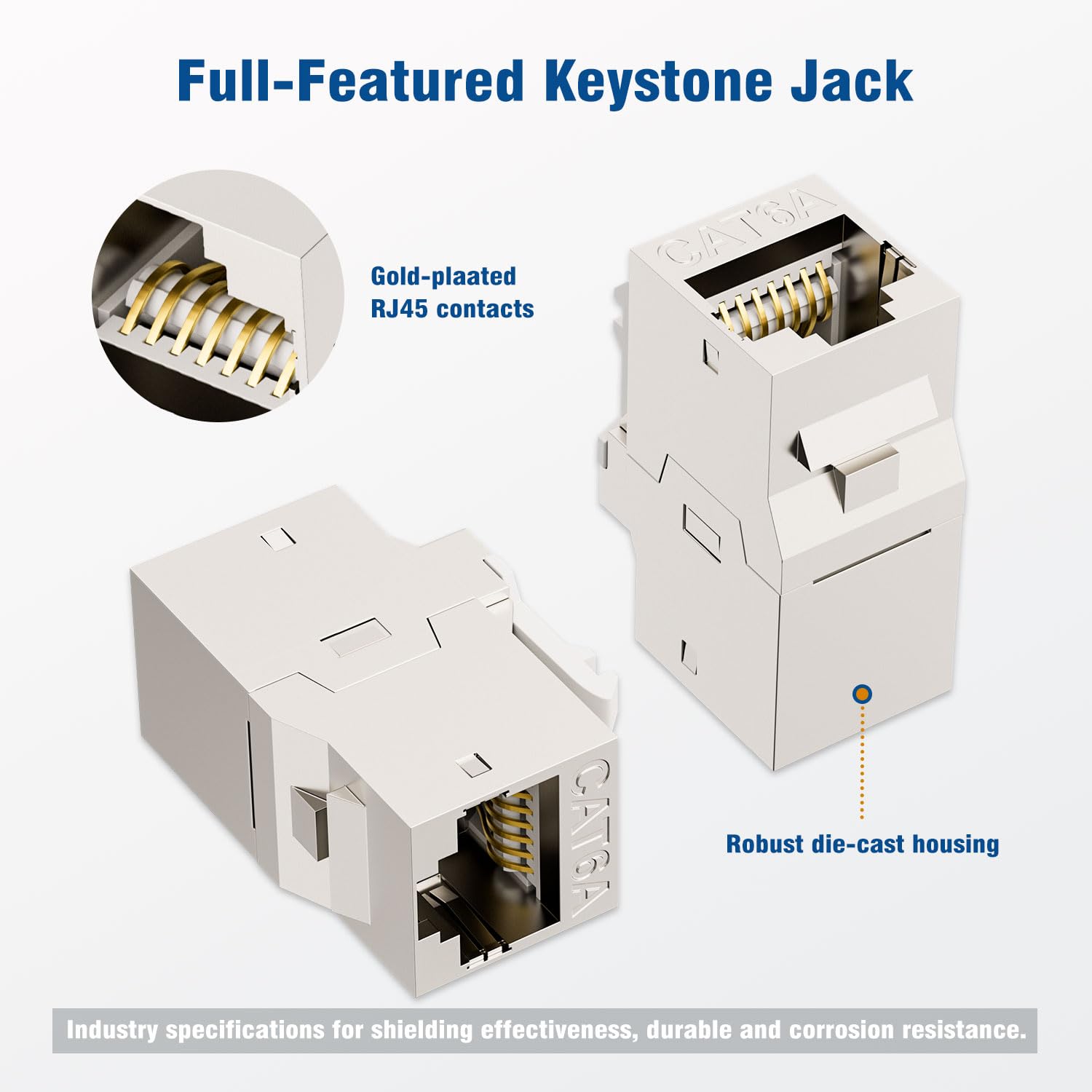 iwillink 10Gbps Cat6A Shielded Keystone RJ45 Coupler 25-Pack, Zinc Alloy Metal Housing Ethernet Coupler, Female to Female Cat6a Keystone Jack, Silver