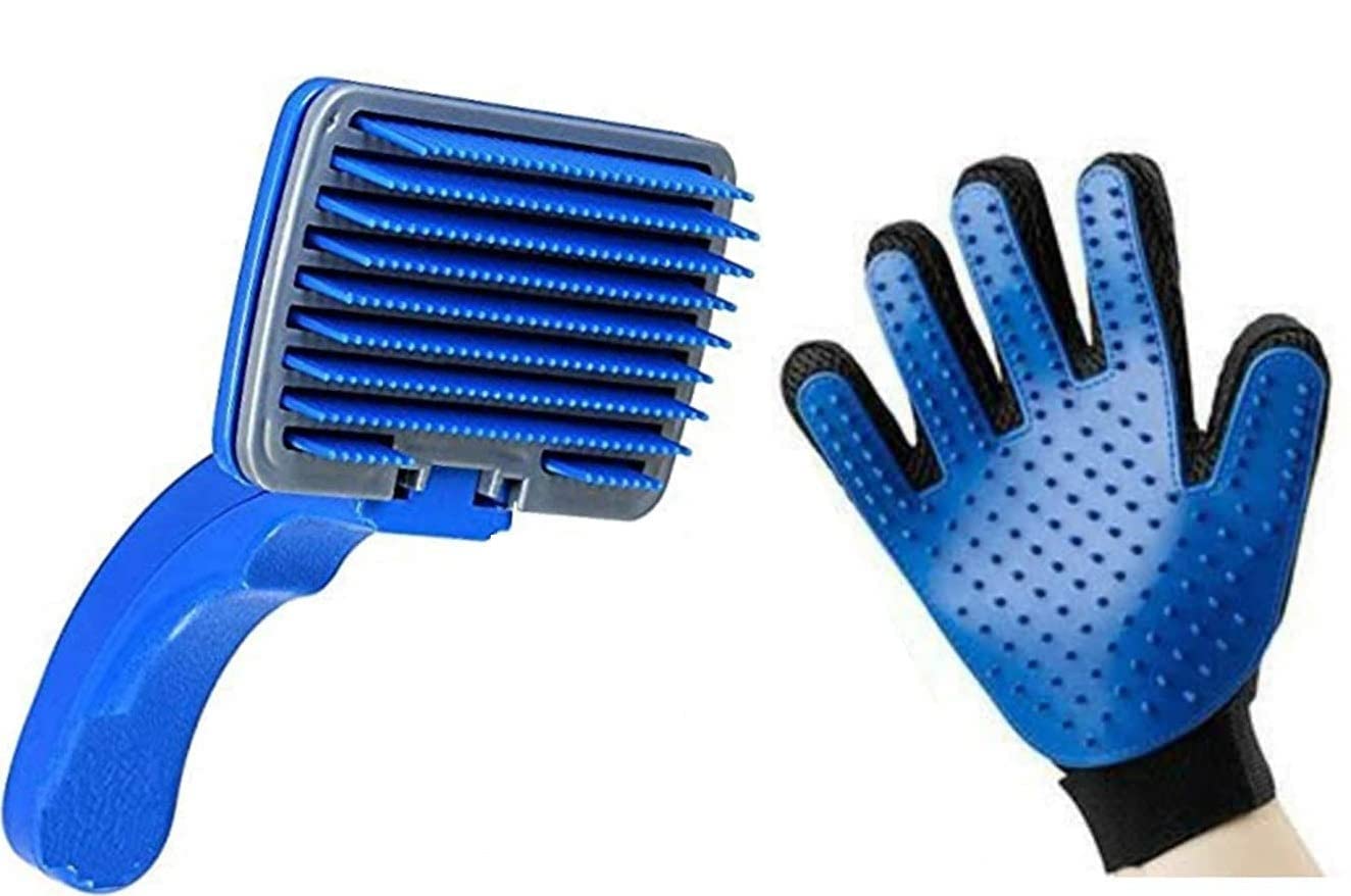 RvPaws Combo of 2, Slicker Brush Pet Grooming Glove for Dogs and Large Breed Puppies Shedding Small Medium Large Breeds, Pet Hair Remover Glove-Massage Five Finger for Dog, Cat with Long & Short Fur