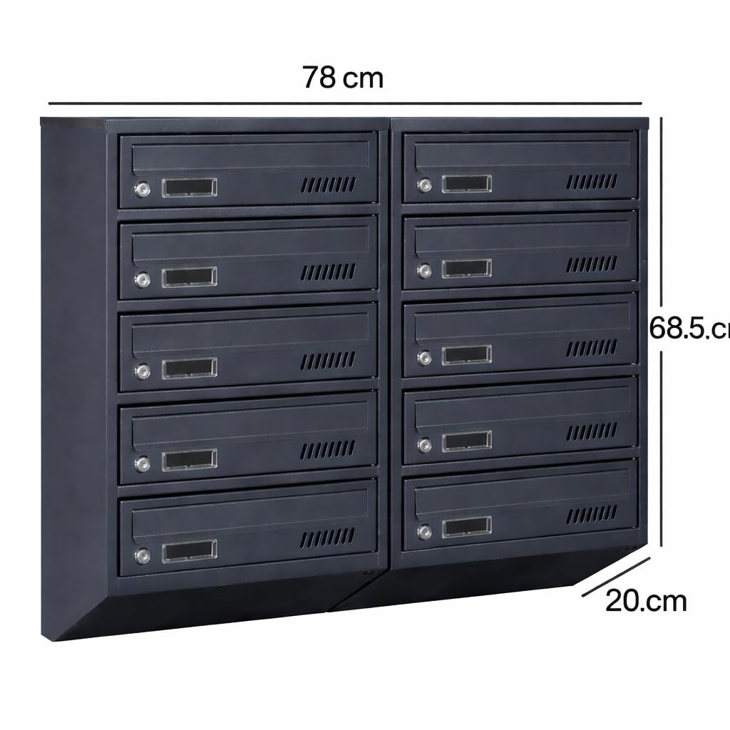 Buzón de correos para condominios GDS de 10 plazas RAL 7016, antracita, 2 llaves, 20 cm de profundidad, montaje en pared, modular horizontal