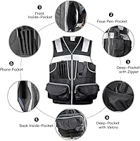 Vista 4 de Chaleco de seguridad Hi Vis con cintas reflectantes 3M, tela Oxford con 11 bolsillos, ropa de trabajo de construcción de visibilidad brillante