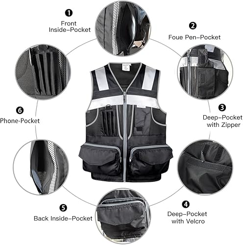 Miniatura 4 de Chaleco de seguridad Hi Vis con cintas reflectantes 3M, tela Oxford con 11 bolsillos, ropa de trabajo de construcción de visibilidad brillante